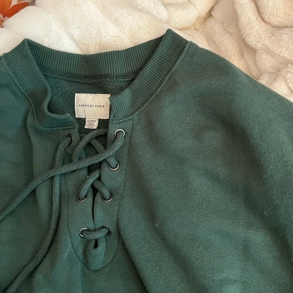 American Eagle Women XL Oversize Dark Hunter Green LaceUp Cozy Travel Sweatshirt - Picture 8 of 8